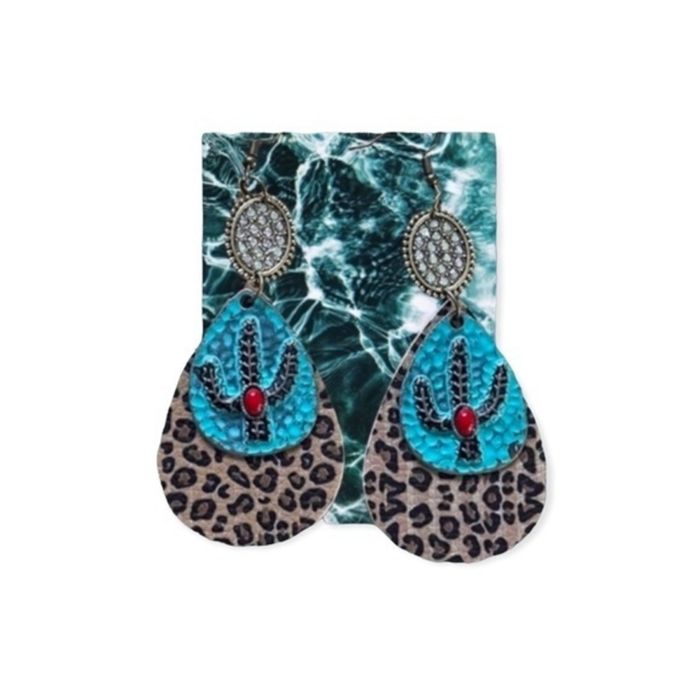 🫶🏻 Rhinestone Cactus Animal Print Earrings Wire Dangling